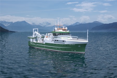 An illustration of Ireland’s new marine research vessel, RV Tom Crean, produced by Norwegian architects Skipsteknisk AS